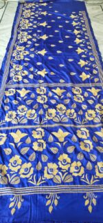 Handcrafted Kantha Stitch Art Silk Saree – Golden Floral Motifs on Blue