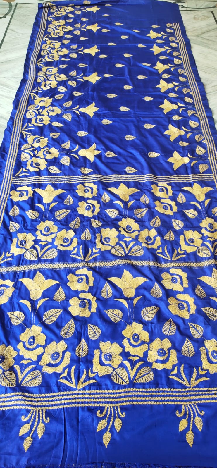 WhatsApp Image 2026-07-20 at 8.21.44 PM Handcrafted Kantha Stitch Art Silk Saree – Golden Floral Motifs on Blue - Image 1