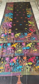 Handcrafted Kantha Stitch Art Silk Saree – Floral & Bird Motifs Black