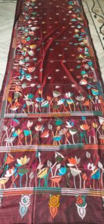 Handcrafted Kantha Stitch Art Silk Saree – Lotus Floral Motifs Maroon
