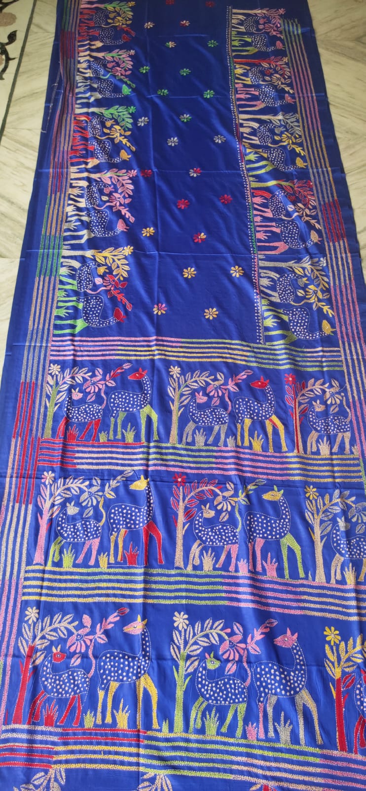 WhatsApp Image 2026-07-20 at 8.22.15 PM Handcrafted Kantha Stitch Art Silk Saree – Deer & Foliage Motifs on Blue - Image 1