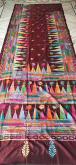 Handcrafted Kantha Stitch Art Silk Saree – Geometric & Floral Motifs on Maroon