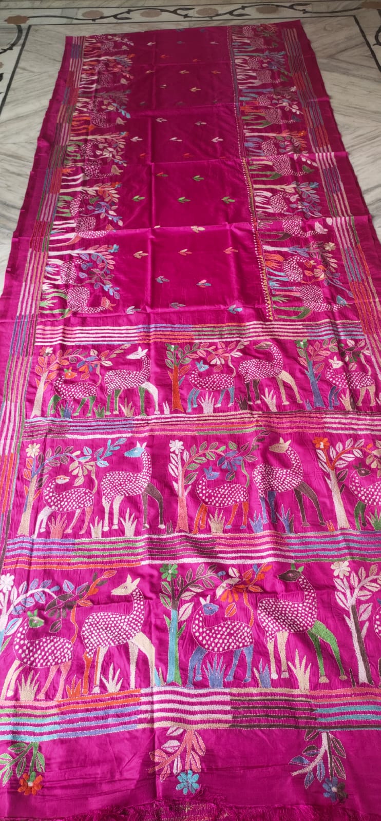 WhatsApp Image 2026-07-20 at 8.22.20 PM (1) Handcrafted Kantha Stitch Art Silk Saree – Deer & Tree Motifs on Magenta - Image 1