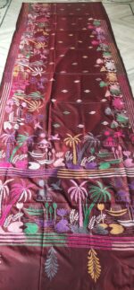 Handcrafted Kantha Stitch Art Silk Saree – Village River Scene Maroon