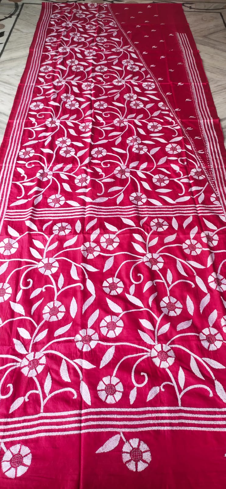 WhatsApp Image 2026-07-20 at 8.22.24 PM Handcrafted Kantha Stitch Art Silk Saree – White Floral Vines - Image 1