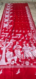 Handcrafted Kantha Stitch Art Silk Saree – Rural Musical Scene Red