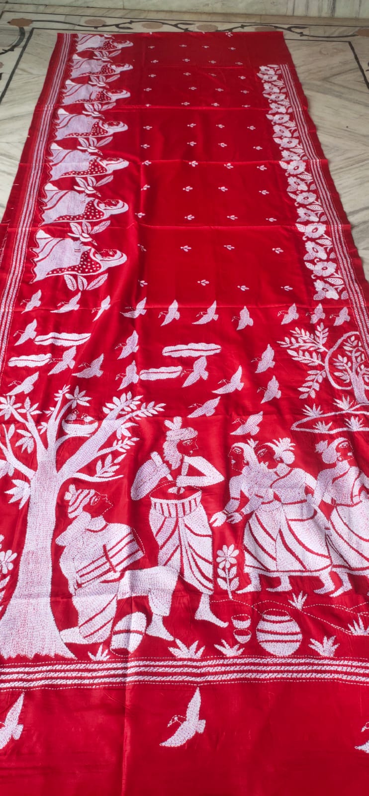 WhatsApp Image 2026-07-20 at 8.22.30 PM (1) Handcrafted Kantha Stitch Art Silk Saree – Rural Musical Scene Red - Image 1