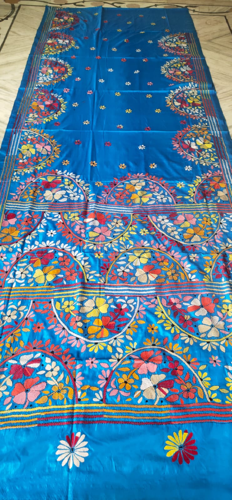 WhatsApp Image 2026-07-20 at 8.22.31 PM Handcrafted Kantha Stitch Art Silk Saree – Multicolor Floral Borders on Bright Blue - Image 1