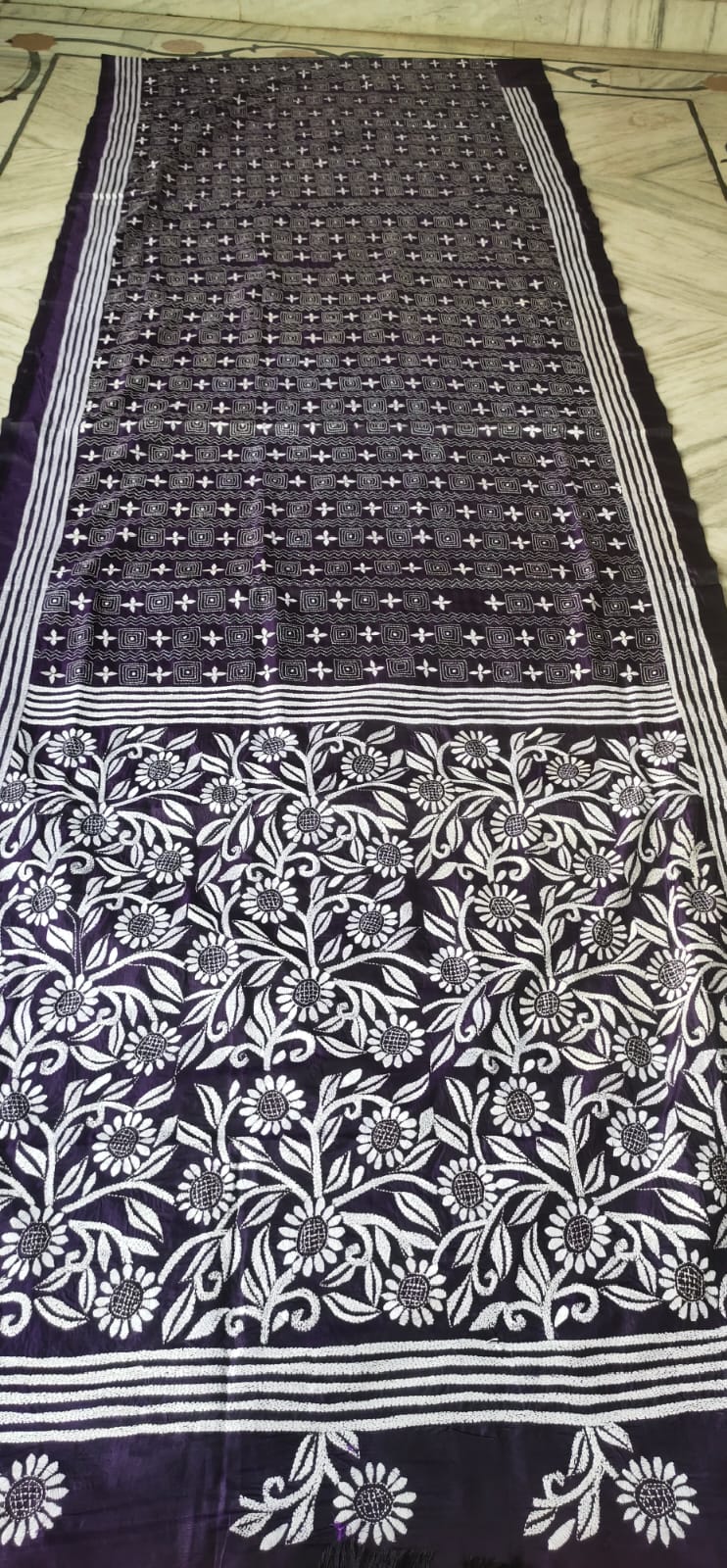 WhatsApp Image 2026-07-20 at 8.22.33 PM (1) Handcrafted Kantha Stitch Art Silk Saree – Geometric & Floral Motifs Black - Image 1