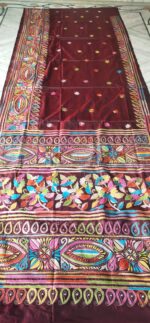 Handcrafted Kantha Stitch Art Silk Saree – Floral & Paisley Motifs on Maroon