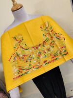 Premium Pure Cotton Kantha Stitch Blouse Material – Twin Peacock Motifs Yellow - Image 3