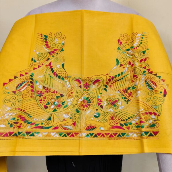 Premium Pure Cotton Kantha Stitch Blouse Material – Twin Peacock Motifs Yellow