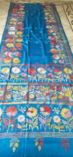 Handcrafted Kantha Stitch Art Silk Saree – Multicolor Floral Borders on Bright Blue