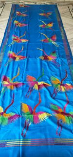 Handcrafted Kantha Stitch Art Silk Saree – Flying Crane Motifs Blue