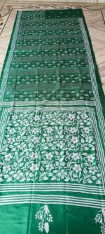 Handcrafted Kantha Stitch Art Silk Saree – Floral & Diamond Motifs Green