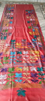 Handcrafted Kantha Stitch Art Silk Saree – Multicolor Floral Borders on Magenta