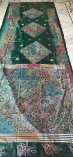 Handcrafted Kantha Stitch Art Silk Saree – Floral & Leaf Motifs Dark Green