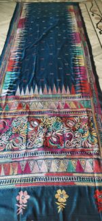 Handcrafted Kantha Stitch Art Silk Saree – Multicolor Floral Embroidery Dark Green
