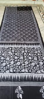 Handcrafted Kantha Stitch Art Silk Saree – Geometric & Floral Motifs Black