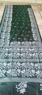 Handcrafted Kantha Stitch Art Silk Saree – Beige Floral Embroidery Deep Green