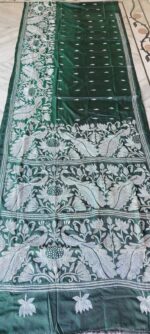 Handcrafted Kantha Stitch Art Silk Saree – White Floral & Paisley Motifs  Green