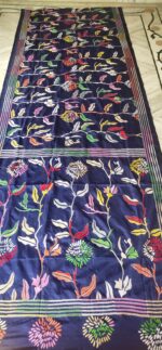 Handcrafted Kantha Stitch Art Silk Saree – Floral & Geometric Motifs on Dark Blue