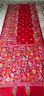 Handcrafted Kantha Stitch Art Silk Saree – Paisley Motifs on Deep Red
