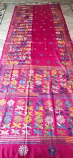 Handcrafted Kantha Stitch Art Silk Saree – Floral Weaves on Vibrant Pink