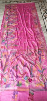 Handcrafted Kantha Stitch Art Silk Saree – Multicolor Floral & Vine Motifs on Pink