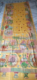 Handcrafted Kantha Stitch Art Silk Saree – Floral Motifs Yellow