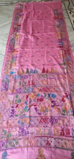 Handcrafted Kantha Stitch Art Silk Saree – Multicolor Floral Bright Pink