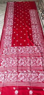 Handcrafted Kantha Stitch Art Silk Saree – Floral Embroidery on Red