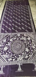 Handcrafted Kantha Stitch Art Silk Saree – Floral & Geometric Motifs Navy Blue