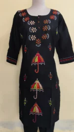 Cotton Kantha Stitch Kurti – Black Pink Vine Panel - Image 4