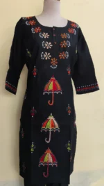 Cotton Kantha Stitch Kurti – Black Pink Vine Panel