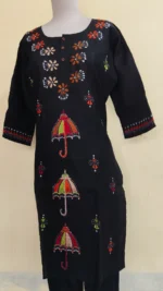 Cotton Kantha Stitch Kurti – Black Pink Vine Panel - Image 2