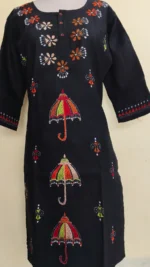 Cotton Kantha Stitch Kurti – Black Pink Vine Panel - Image 3