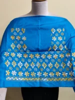 Royal Blue Silk Kantha Stitch Blouse Material –  White & Black Floral - Image 3