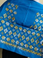 Royal Blue Silk Kantha Stitch Blouse Material –  White & Black Floral - Image 2