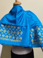 Royal Blue Silk Kantha Stitch Blouse Material –  White & Black Floral - Image 5