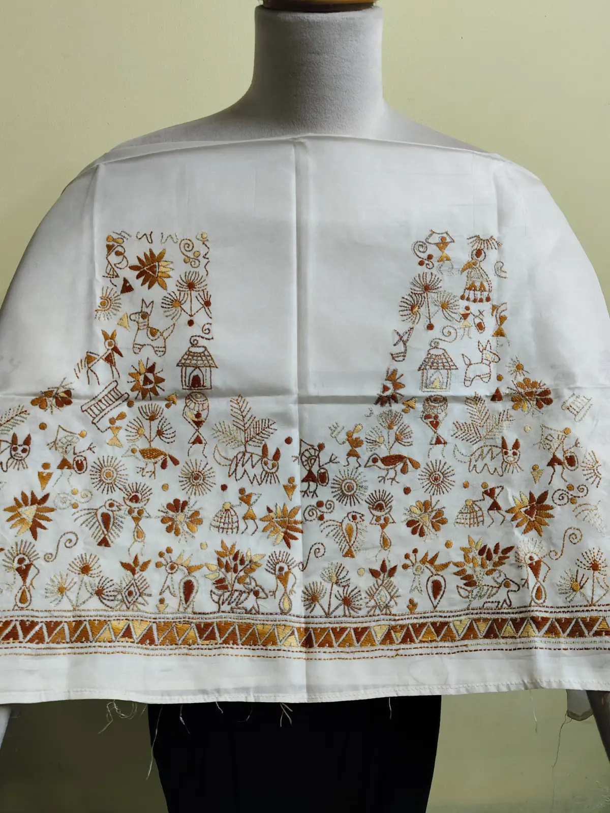 1001038797.webp Silk Kantha Stitch Blouse Material – Hand Embroidered Warli Tribal Art - Image 1