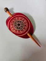 Handcrafted Leather Hair Pin – Mandala Design Red