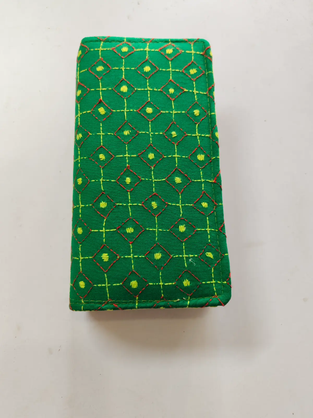 1001044439.webp Kantha Stitch Cotton Zip Wallet β Double Zipper Compartments Green - Image 1
