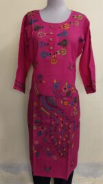 Hand-Embroidered Cotton Kantha Stitch Kurti – Red Floral Yoke Rani color