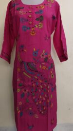Hand-Embroidered Cotton Kantha Stitch Kurti – Red Floral Yoke Rani color - Image 4