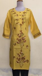 Yellow Kantha Stitch Long Kurti for ladies Flower design