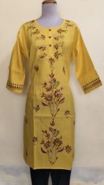 Yellow Kantha Stitch Long Kurti for ladies Flower design