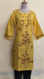 Yellow Kantha Stitch Long Kurti for ladies Flower design - Image 2
