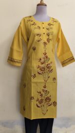 Yellow Kantha Stitch Long Kurti for ladies Flower design - Image 2