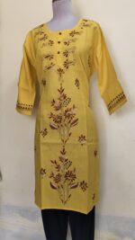 Yellow Kantha Stitch Long Kurti for ladies Flower design - Image 3